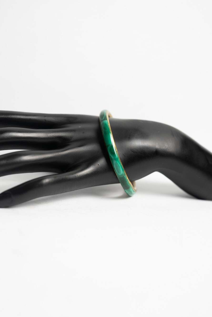Vintage Brass Malachite Inlay Bangle Bracelet, Green Stone Boho Ethnic Jewelry